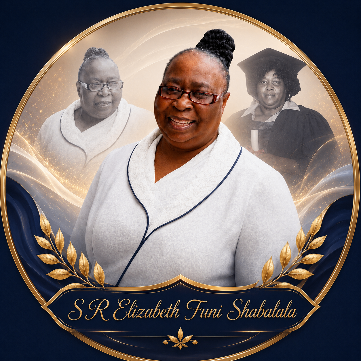 Sr. Elizabeth Funie Shabalala — tribute portrait framed with life-stage memories