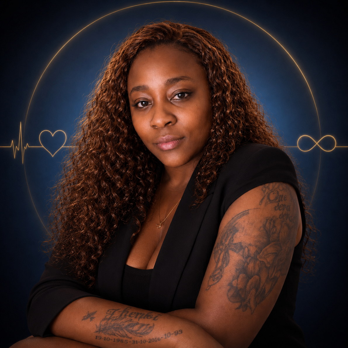 Nokulunga Sweetness Shabalala as IamSweetNokuOnPurpose, with visible tattoos and gold lifeline, heart and infinity symbolism.