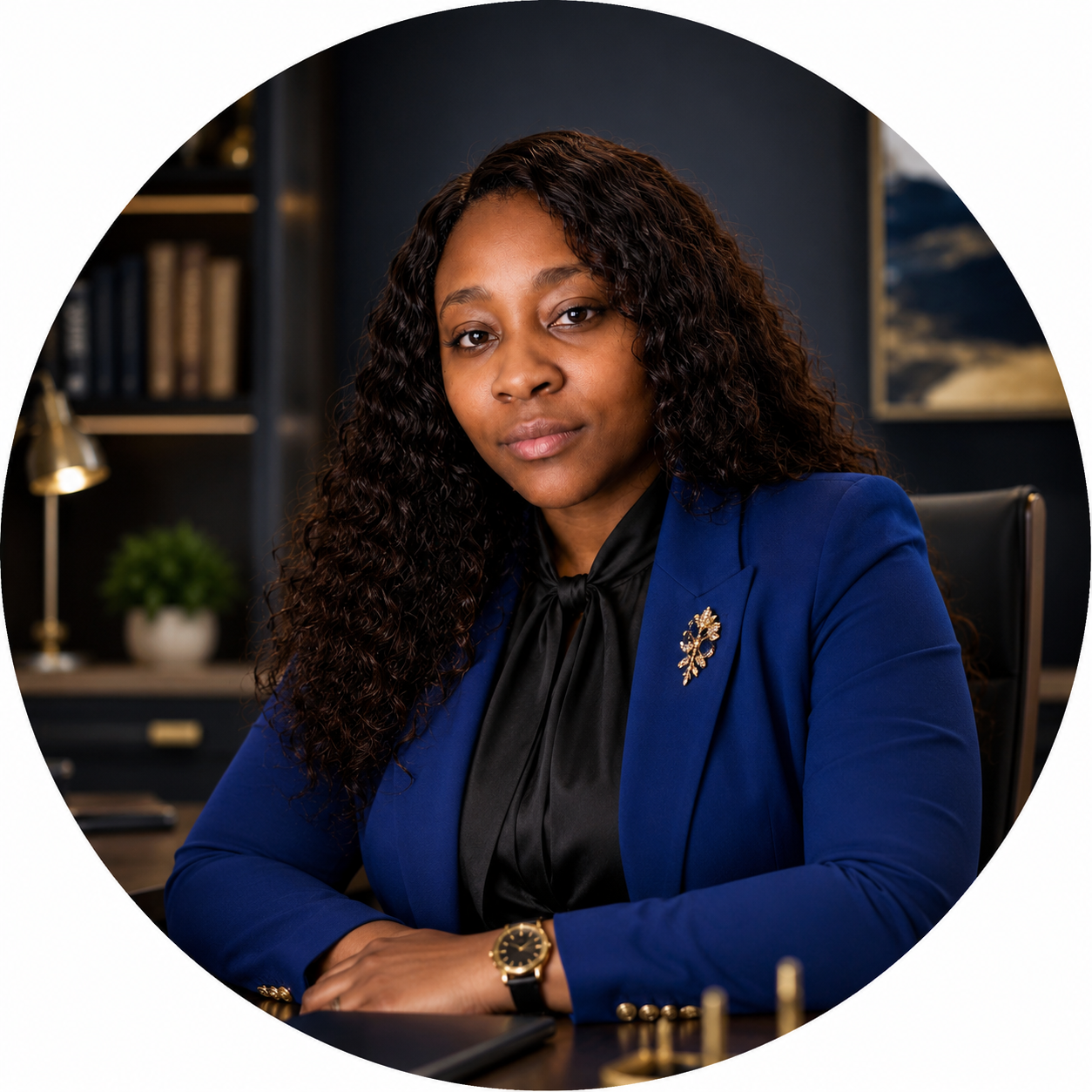 Nokulunga Sweetness Shabalala, Founder and Chief Executive Officer of the SR EF Legacy of Purpose Foundation, wearing a royal-blue blazer in an office.