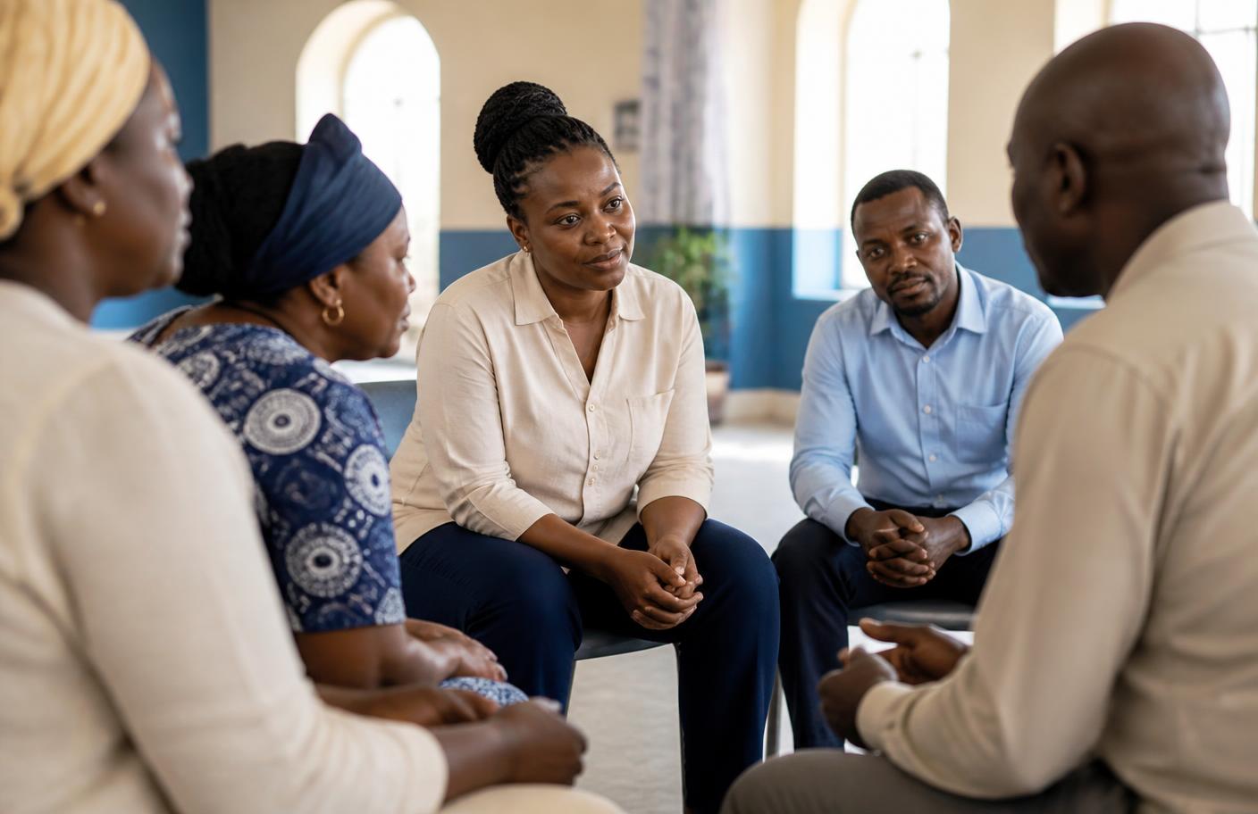 Adults seated in supportive conversation in a community hall