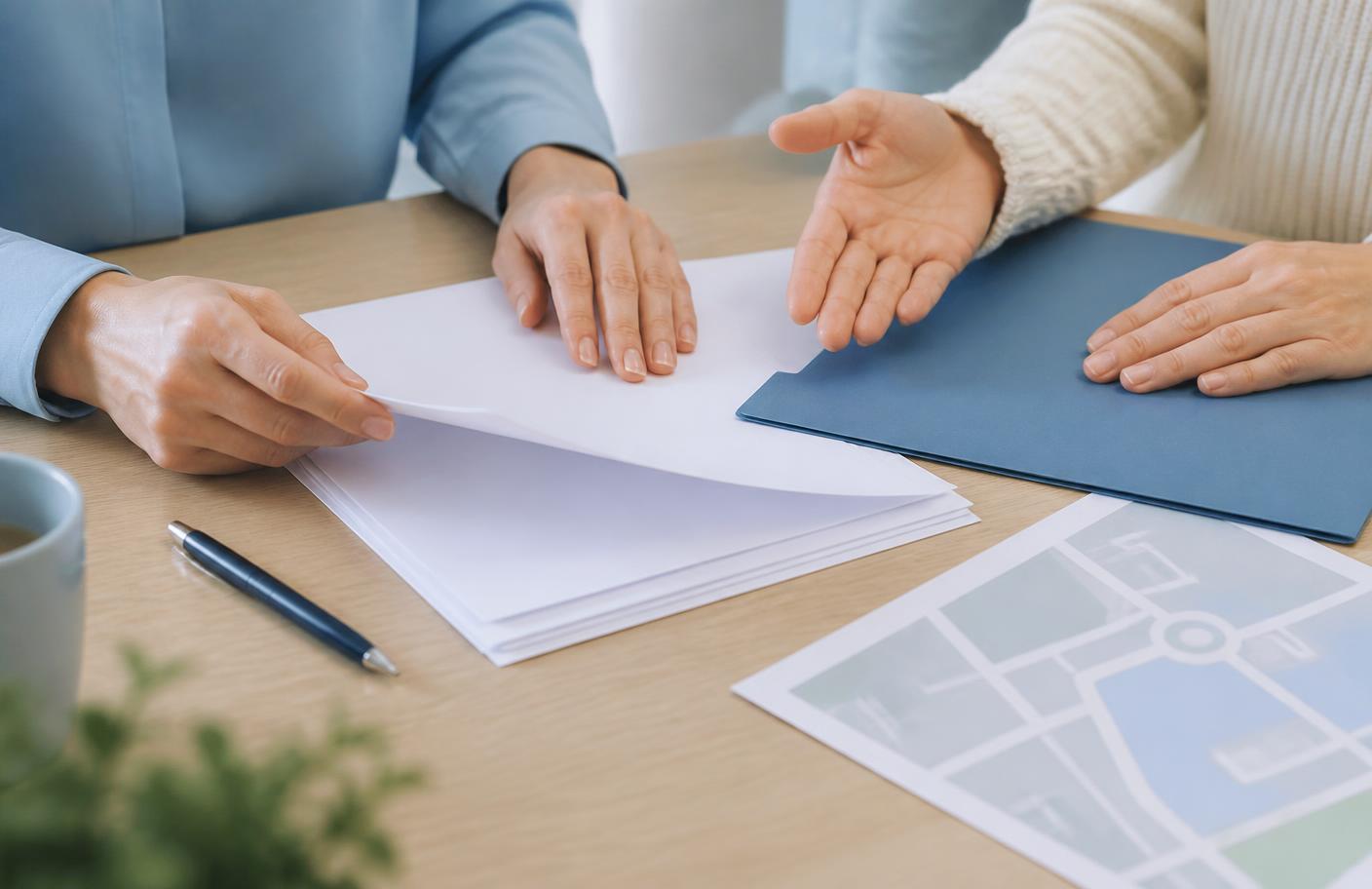 Hands organising blank paperwork and a wayfinding map on a desk