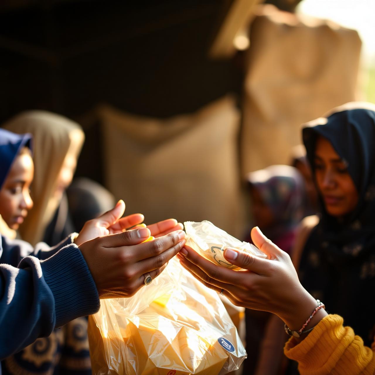 Hands sharing a food parcel